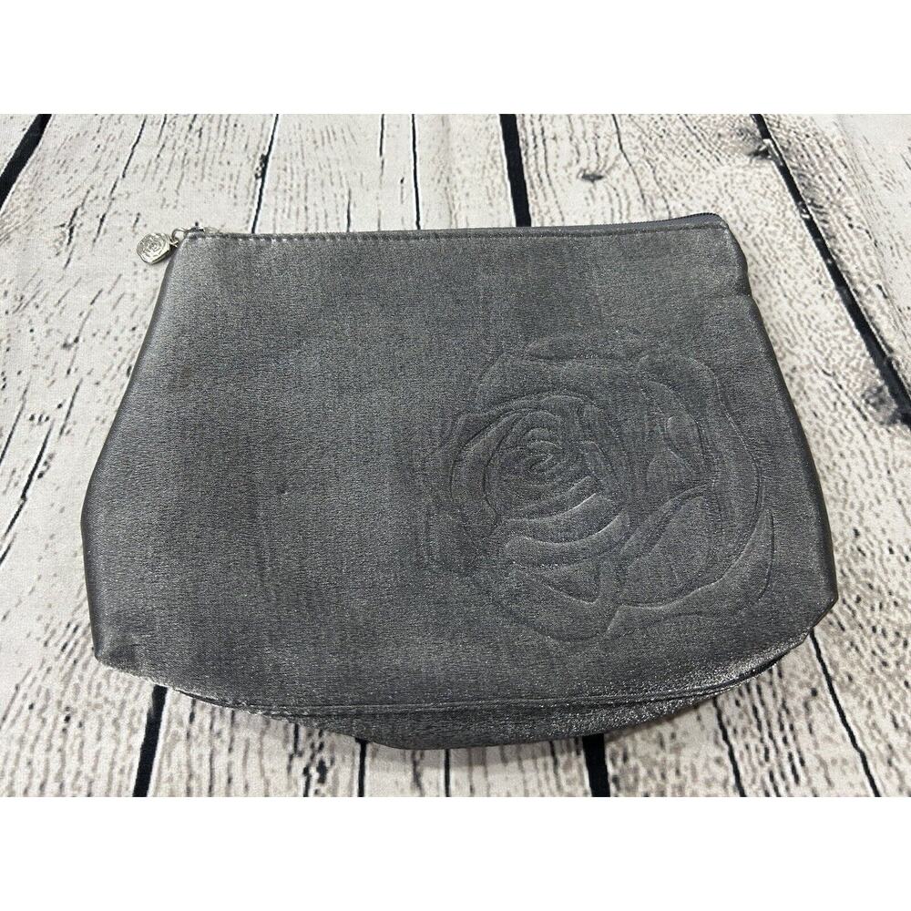 Lancome Women’s Metallic Grey Makeup Cosmetic Bag Embossed Rose Accent